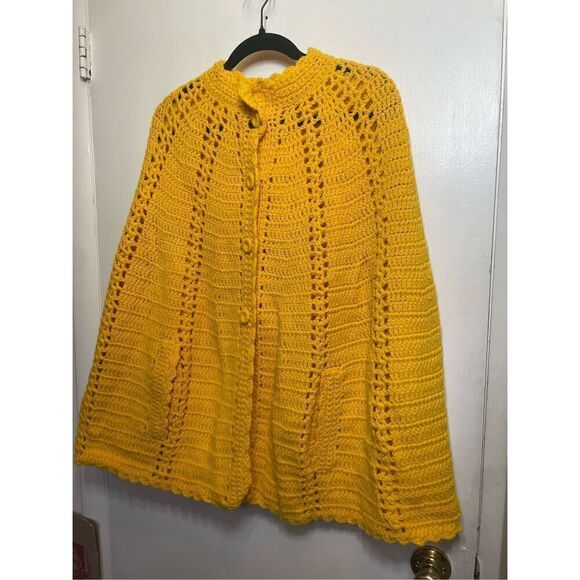 Hand Made Women's Yellow Hand Knit Button Front Cape - OS - Picture 5 of 11
